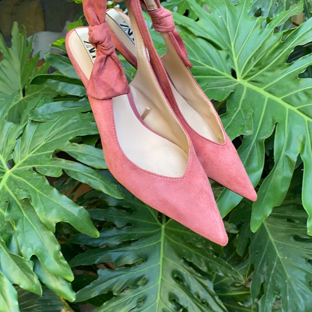 Zara Suede Flamingo Pink Heels with Bow Detail